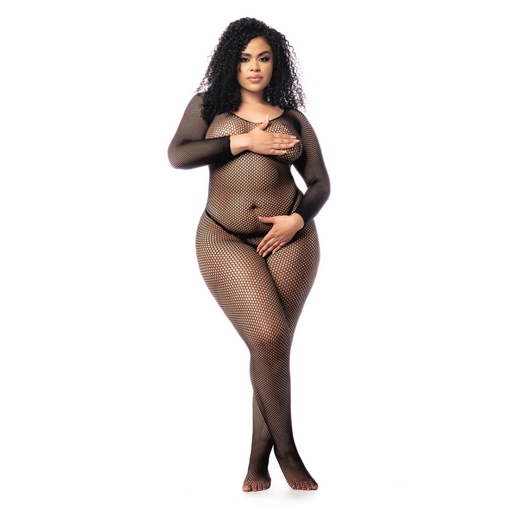 Langarmige Visnet Bodystocking - Koning Maat - Zwart