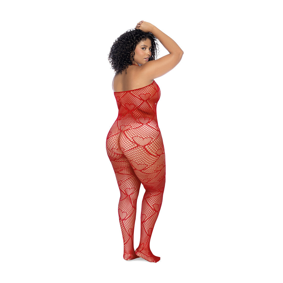 Hart Visnet Bodystocking met Strass Detail - Koning Maat - Rood