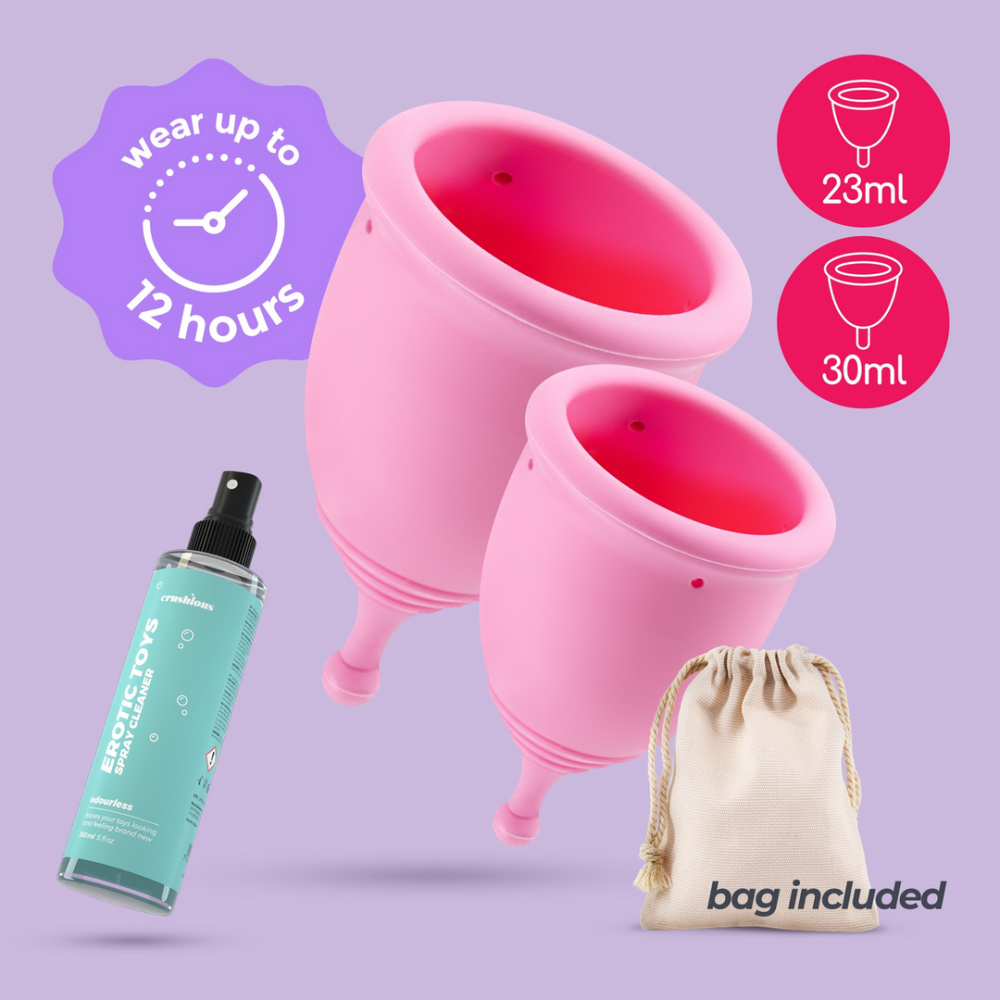 Minerva - Menstruatiecups met Zak en Speelgoedreiniger - S en L - Roze