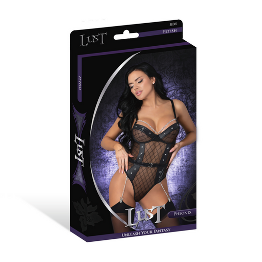 Phoenix - Diamanten Gaas Teddy en Kousenband met Kettingen, Ringen en Studs - L/X - Zwart