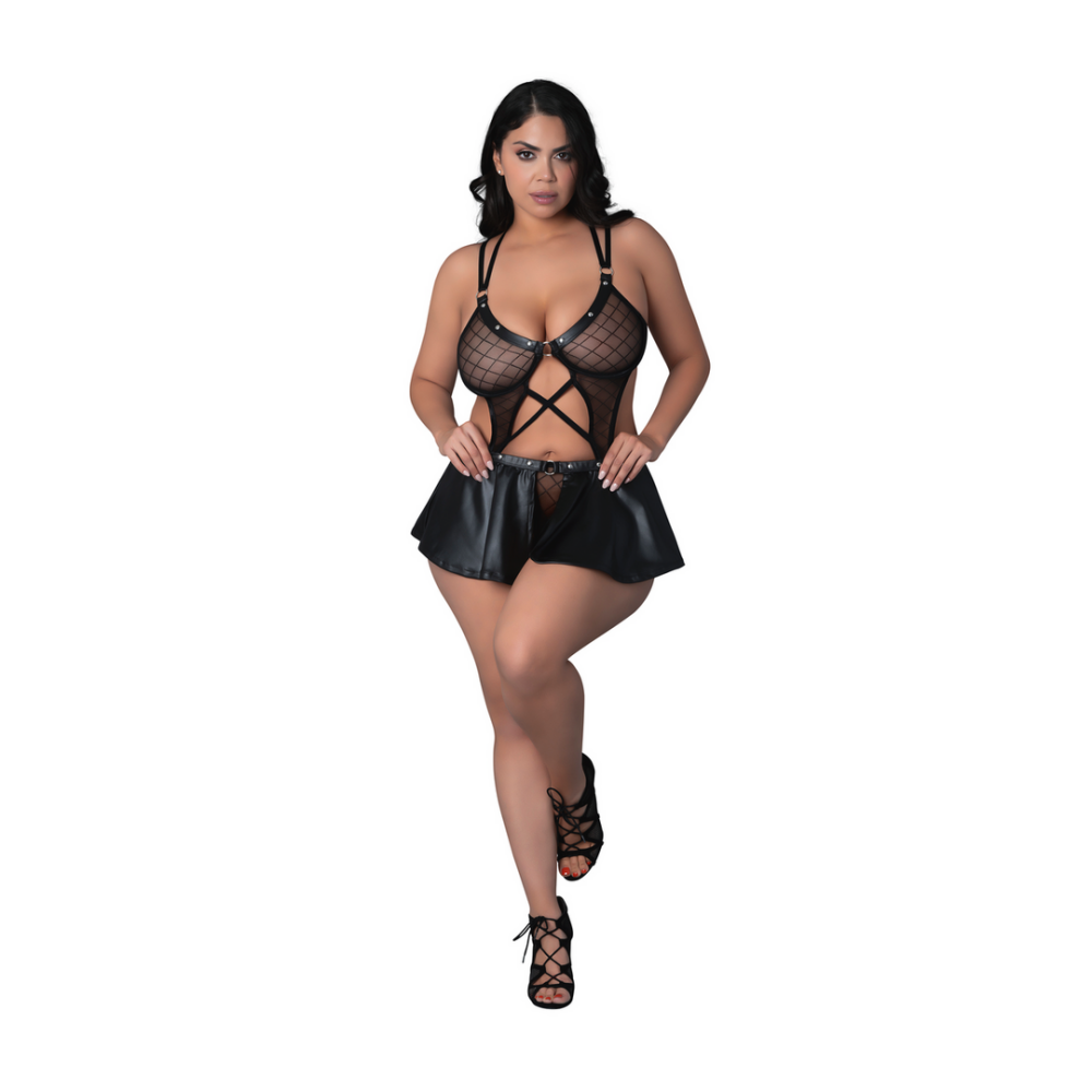 Anastasia - Cami Open Scrotch Rok Panty en Bh met Ringen en Studs - 2X - Zwart