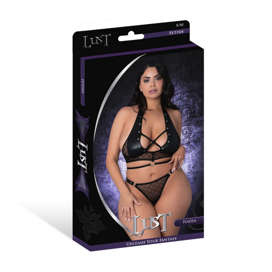 Nadia - Diamant Gaas Haltertop en Ring String met Ringen Klemmen en Studs - 2X - Zwart