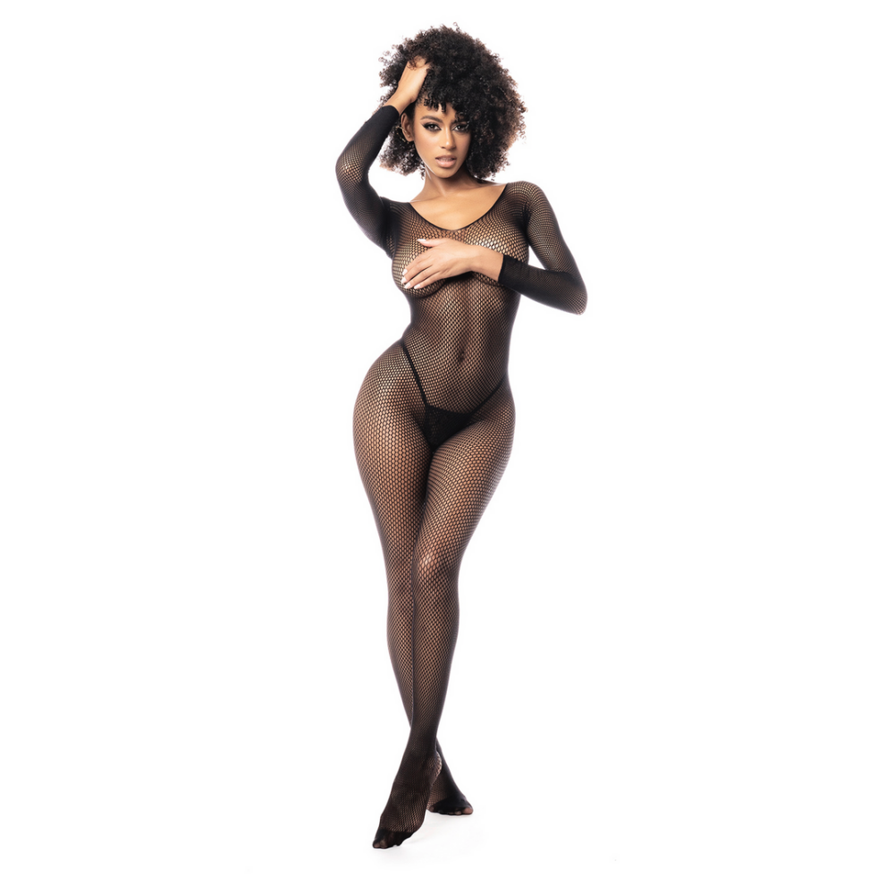 Langarmige Visnet Bodystocking - Één maat - Zwart