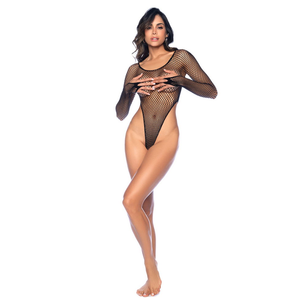 Langarm Fishnet Bodysuit - One Size - Zwart