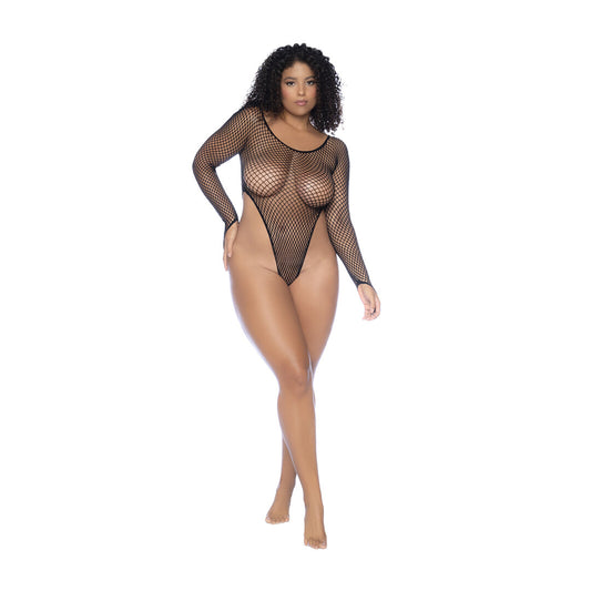 Langdurige Mouwen Visnet Bodysuit - Koningin Maat - Zwart
