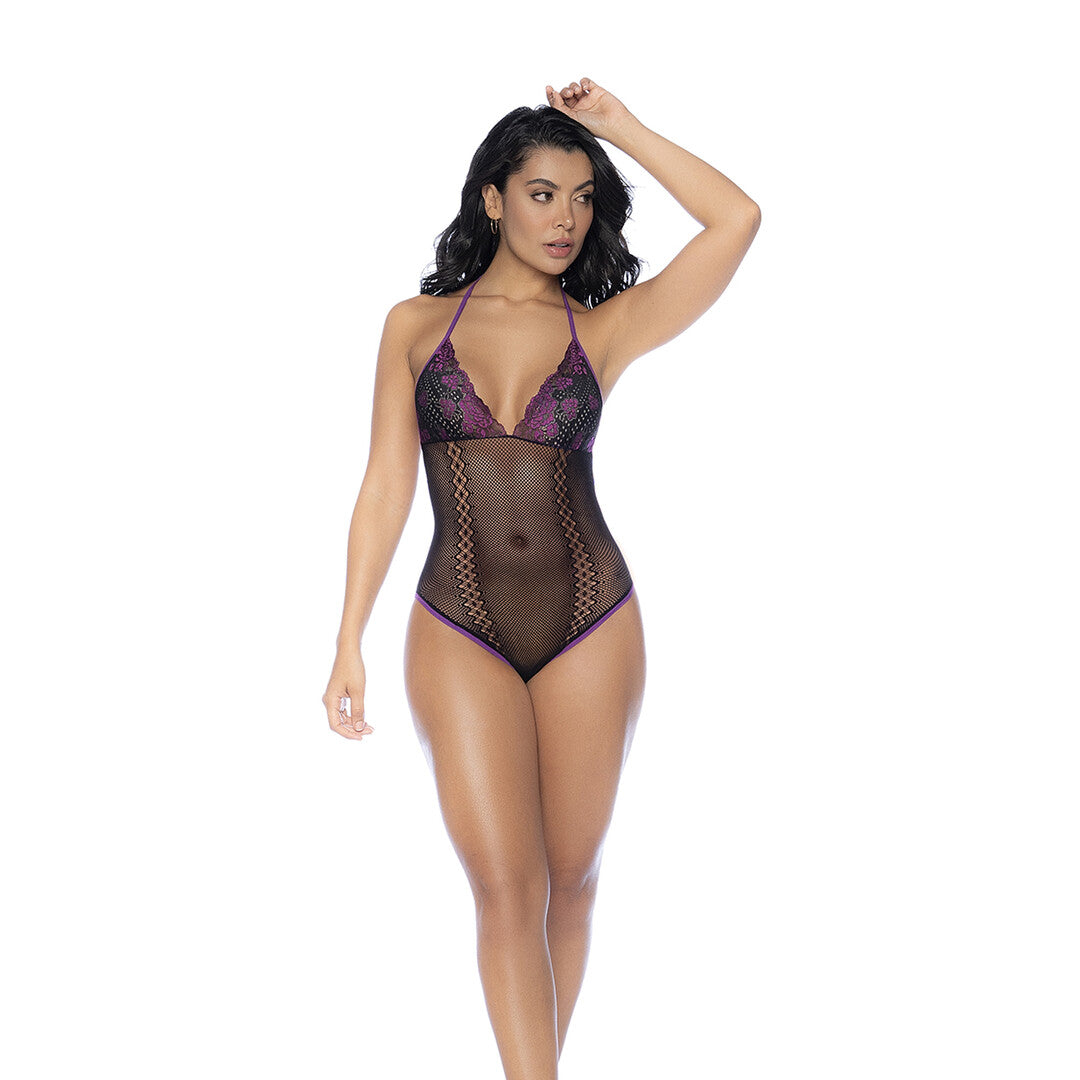 Visnet en Kant Bodysuit Set - One Size - Zwart/Paarse
