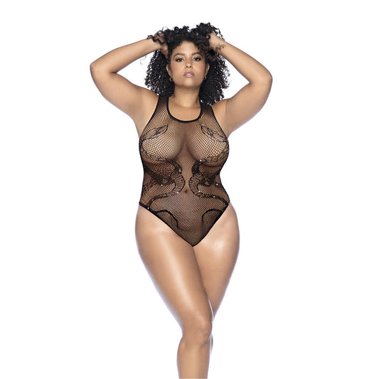Slangen Visnet Rhinestone Bodysuit - Koning Maat - Zwart/Rhinestone