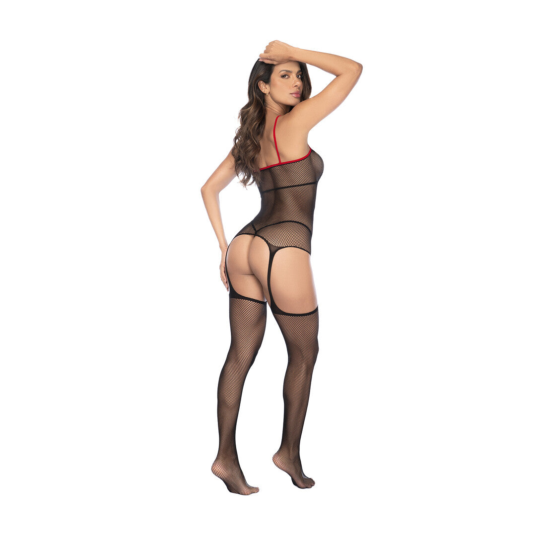 Verpleegster Visnet Bodystocking met Manchet - Één Maat - Zwart/Rood