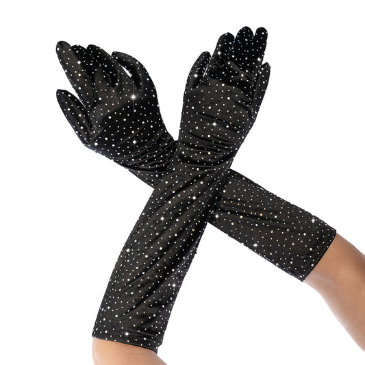 Satin Rhinestone Opera Handschoenen - Één maat - Zwart/Rhinestone