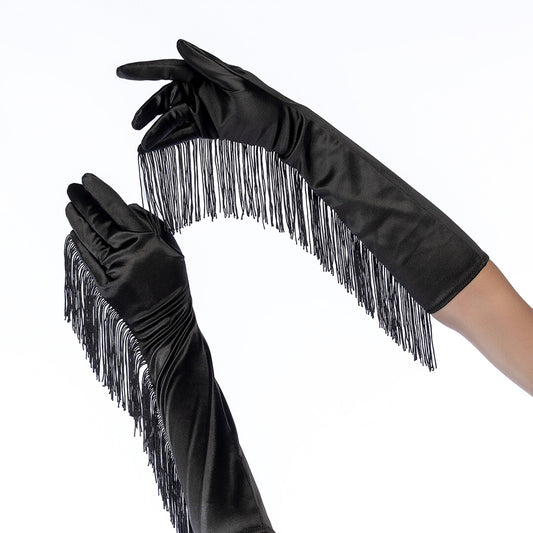 Satin Franje Opera Handschoenen - Één Maat - Zwart