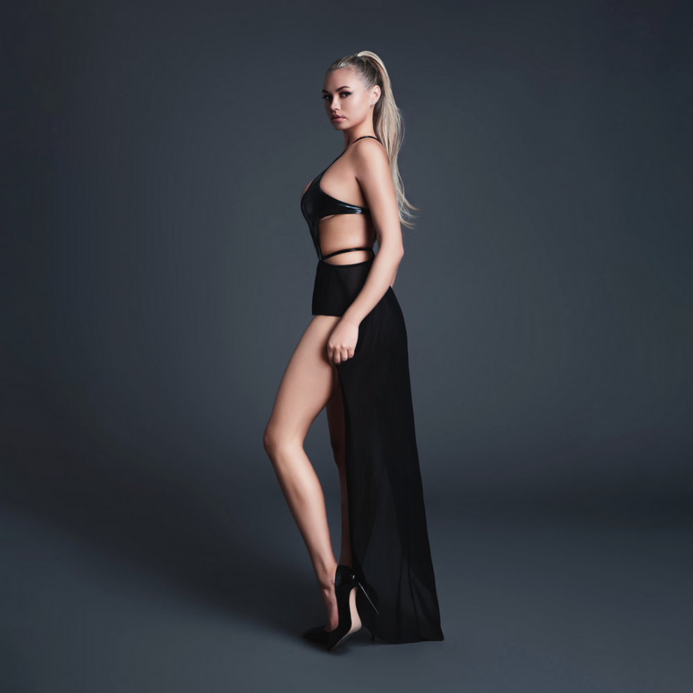 Take Me - Latex-look Vinyl en Mesh Bodysuit met Flirty Rok - M - Zwart
