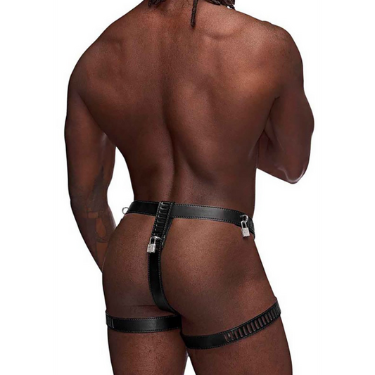 Scorpio - Imitatieleren Chastity Thong - One Size - Zwart