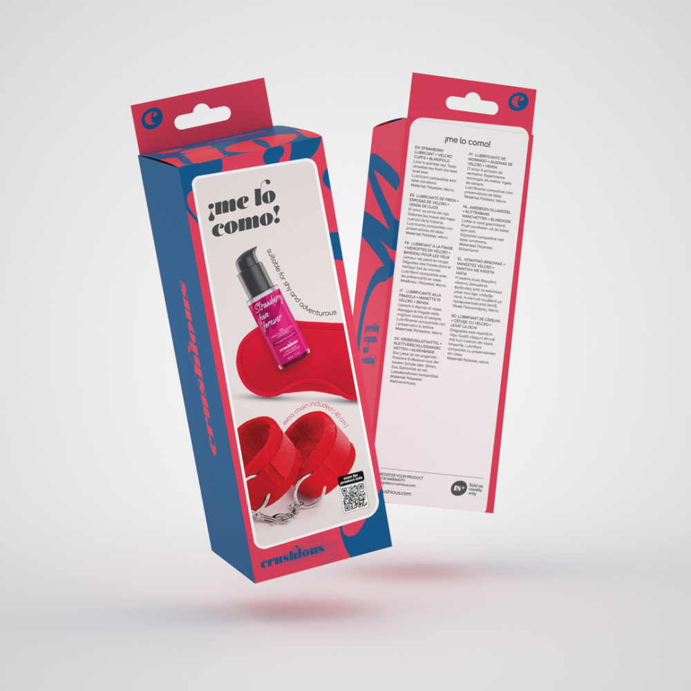 Me Lo Como - Velcro Handboeien Set met Blinddoek en Aardbeien Glijmiddel - 1,7 fl oz / 50 ml - Rood