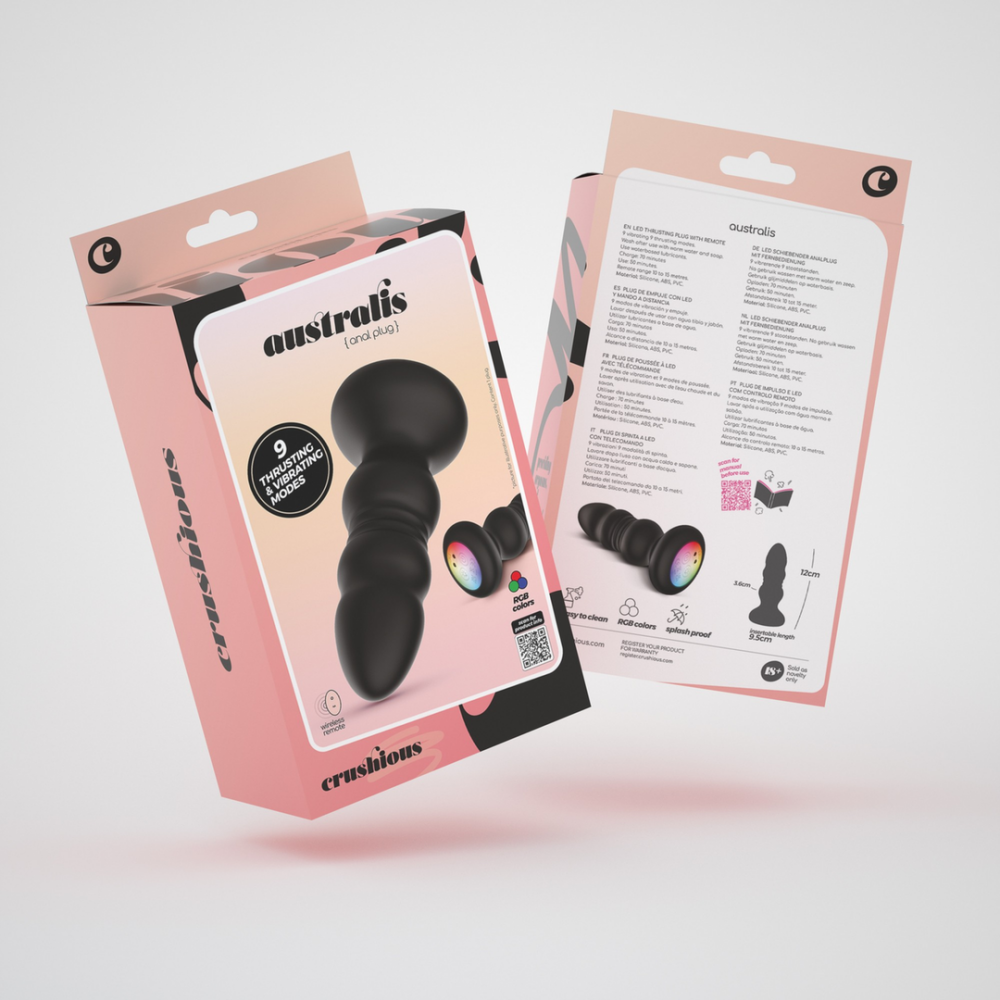 Australis - Vibrerende en Duwende Anale Plug met LED RGB en Afstandsbediening - Zwart