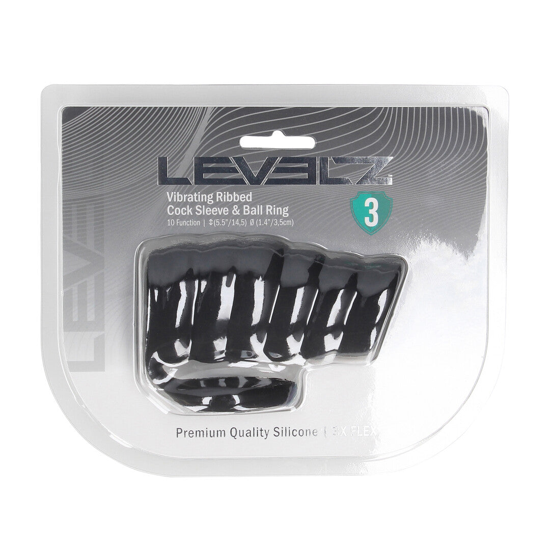 Vibrerende Geribbelde Siliconen Cock Sleeve en Ball Ring - Zwart