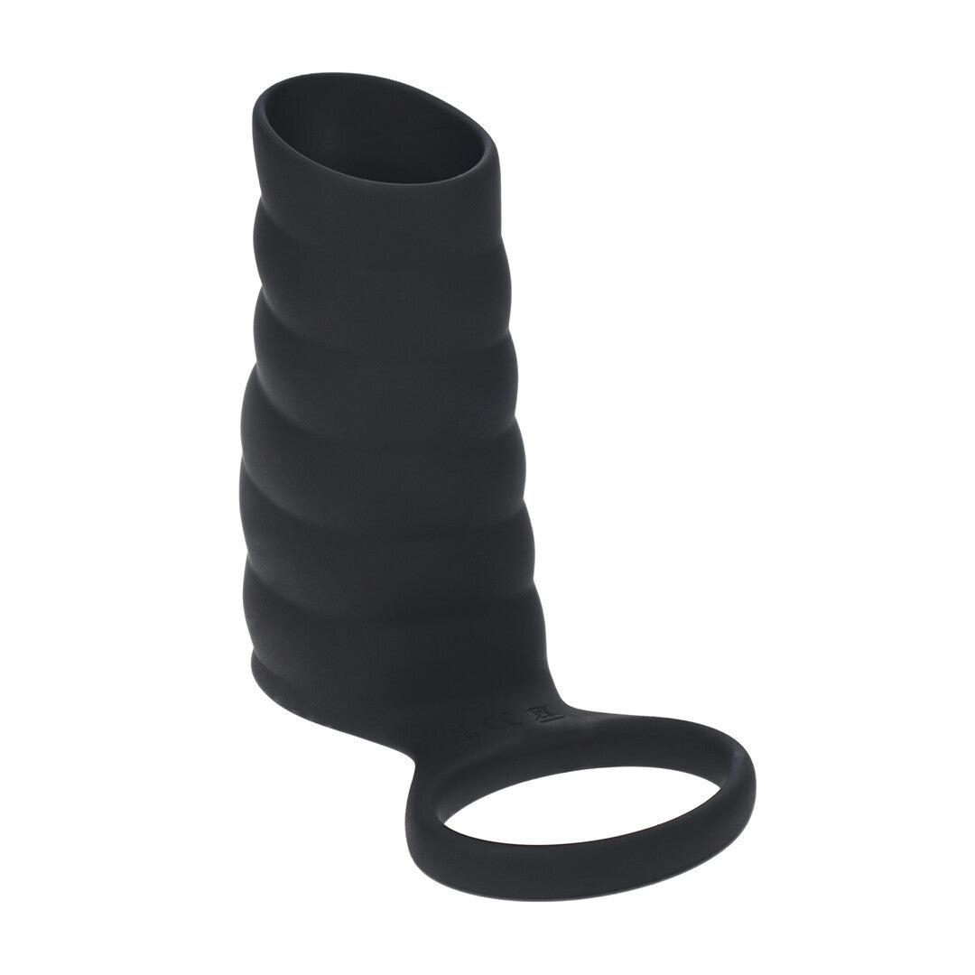Vibrerende Geribbelde Siliconen Cock Sleeve en Ball Ring - Zwart