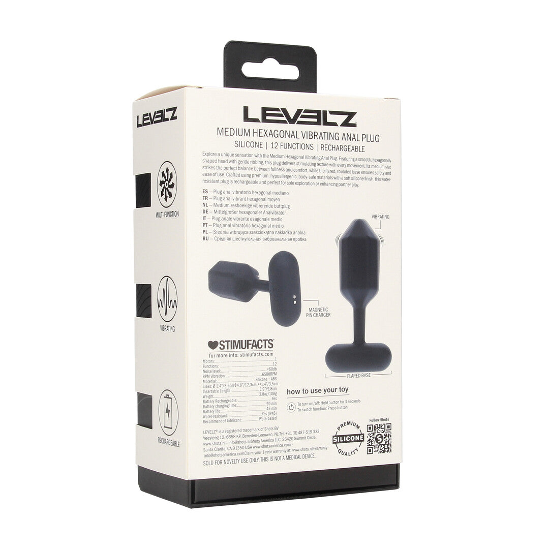 Hexagonale Vibrerende Siliconen Anale Plug - M - Zwart