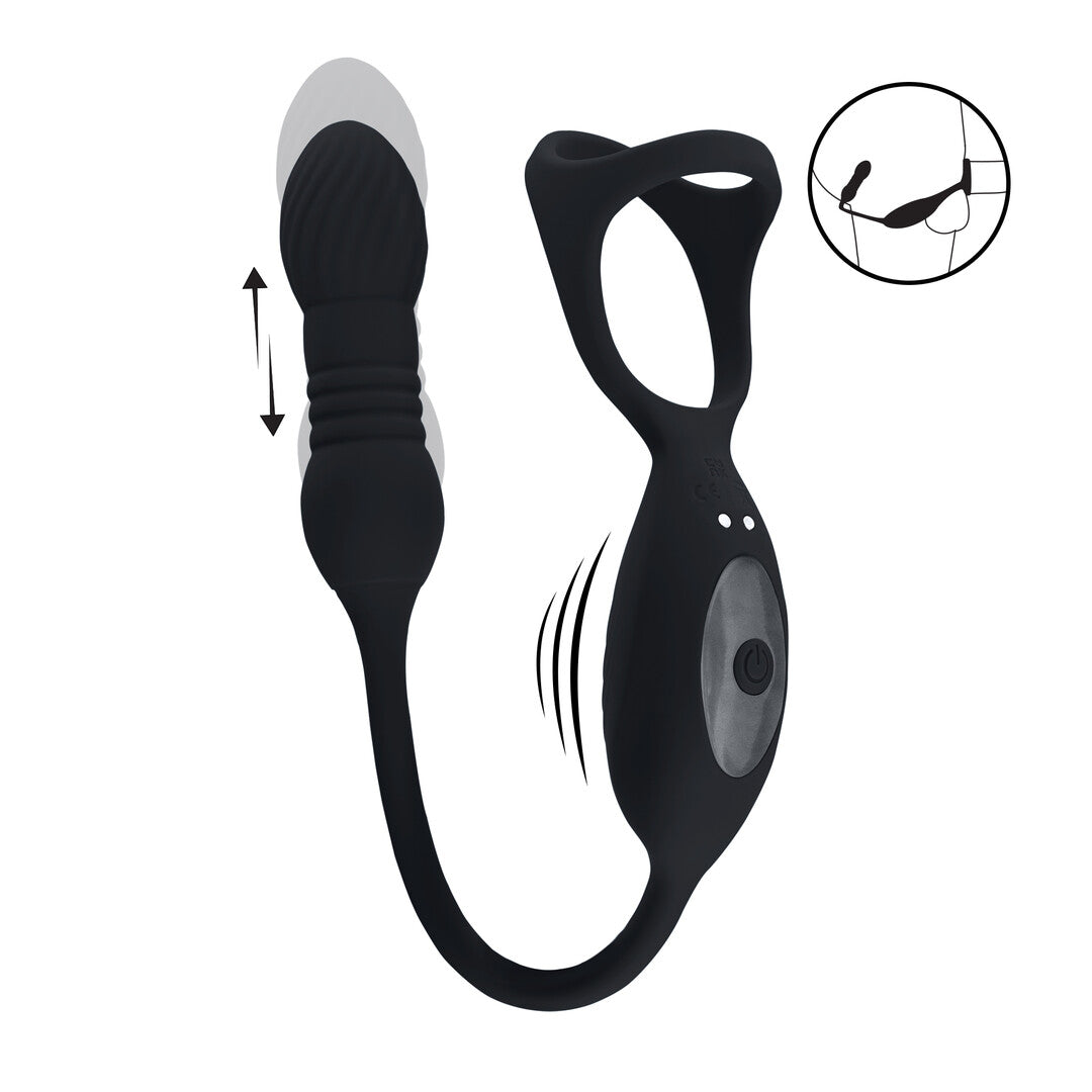 Vibrerende en Duwende Silicone Tri O Cockring met Prostaat Stimulator - Zwart