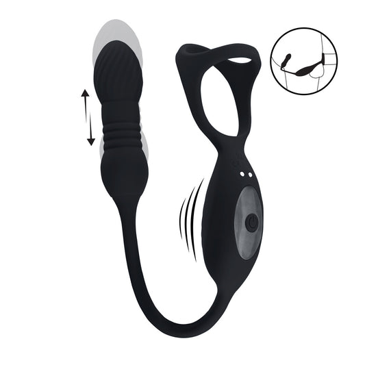 Vibrerende en Duwende Silicone Tri O Cockring met Prostaat Stimulator - Zwart