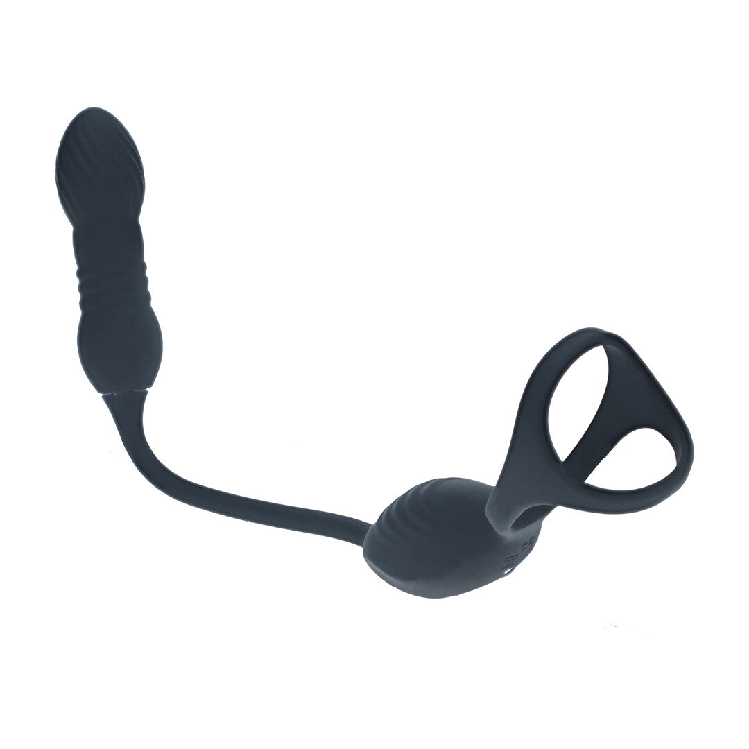 Vibrerende en Duwende Silicone Tri O Cockring met Prostaat Stimulator - Zwart