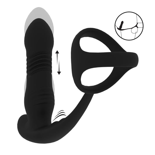 Vibrerende en Duwende Siliconen Prostaatmassager met Tri O Cockring - Zwart