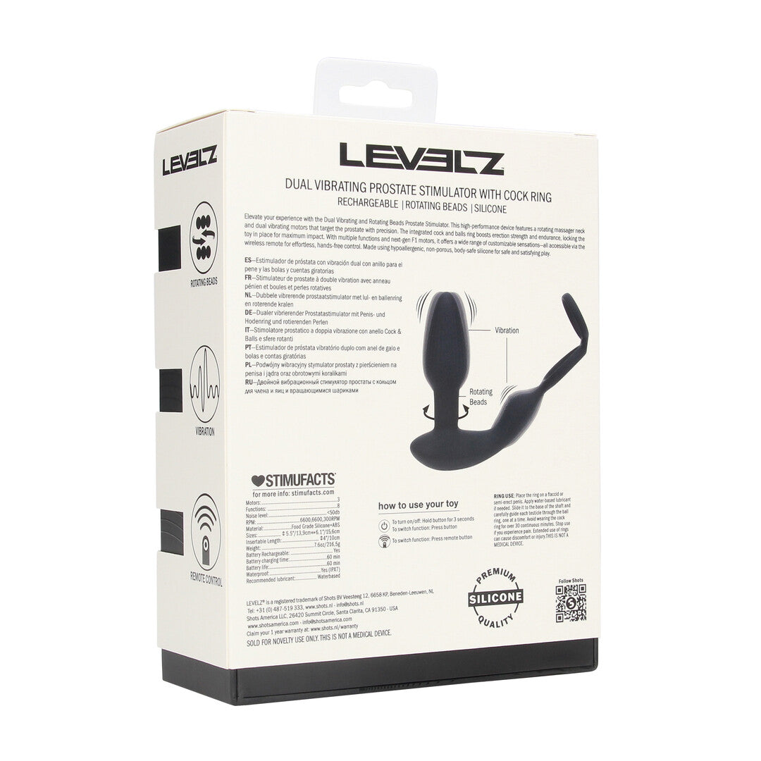Dual Vibrating Remote Rotating Beads Silicone Prostate Stimulator with Cock and Ball Ring - Black