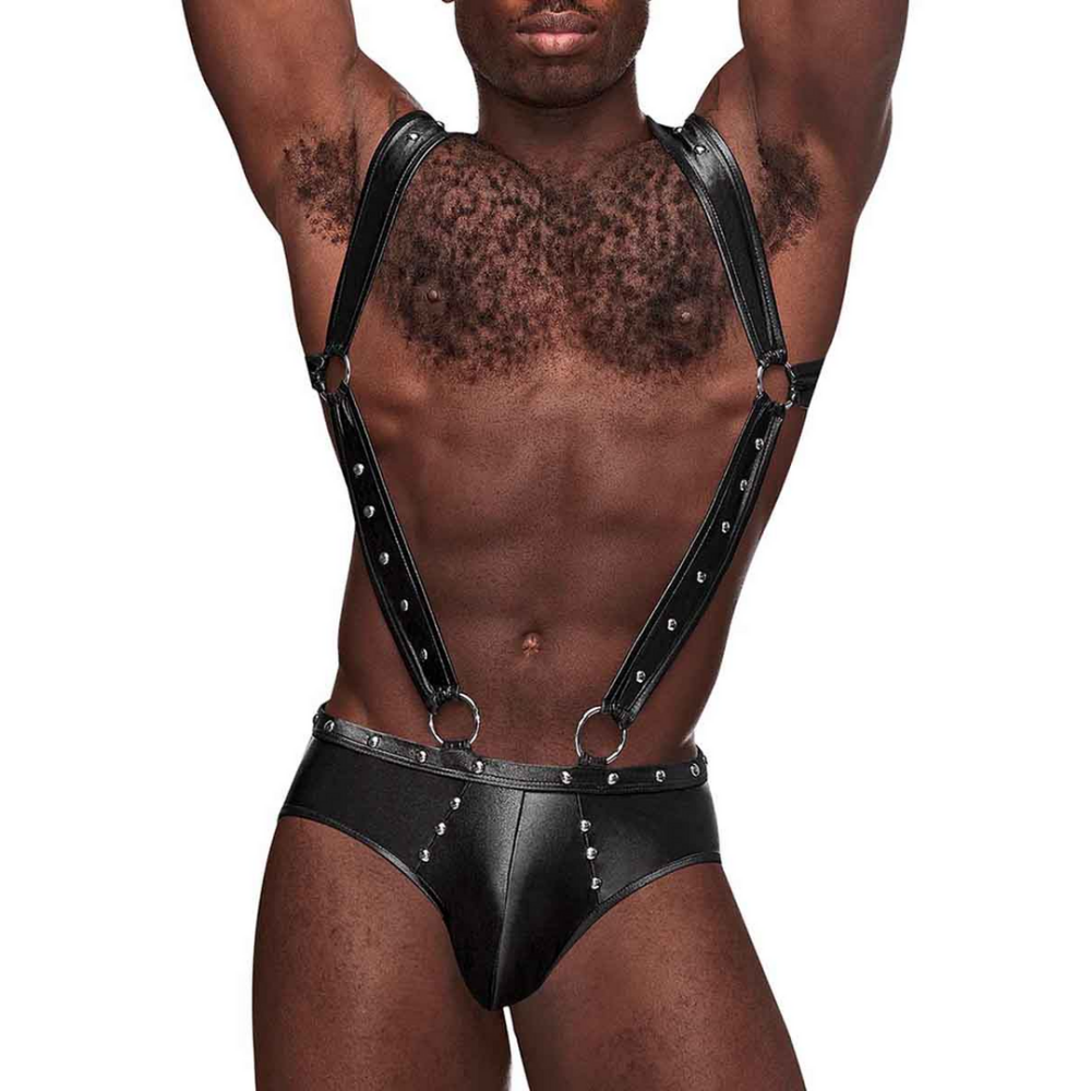 Uranus - Harness Style Open Back Jock Briefs met Suspender Straps - L/XL - Zwart