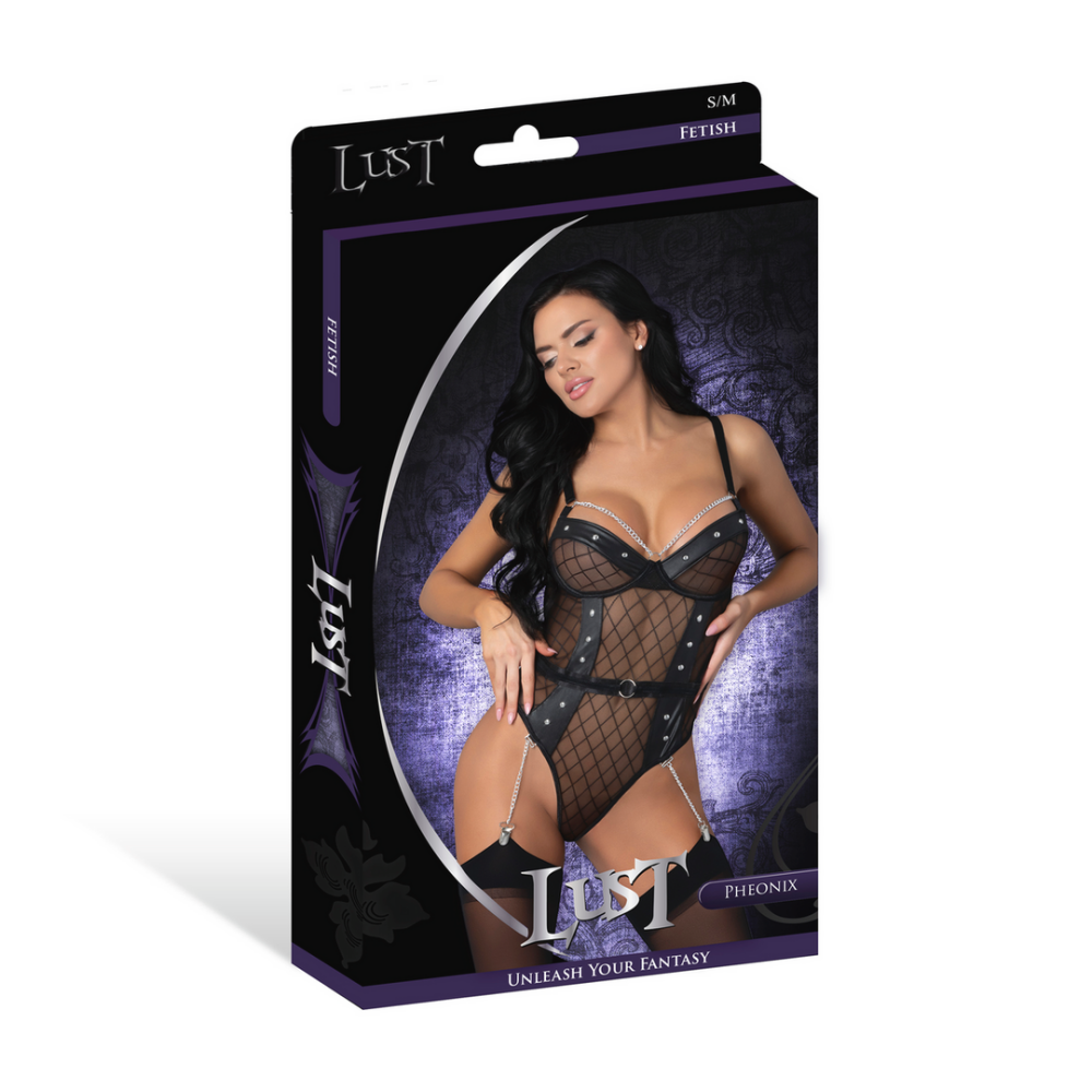 Phoenix - Diamanten Gaas Teddy en Kousenband met Kettingen, Ringen en Studs - S/M - Zwart