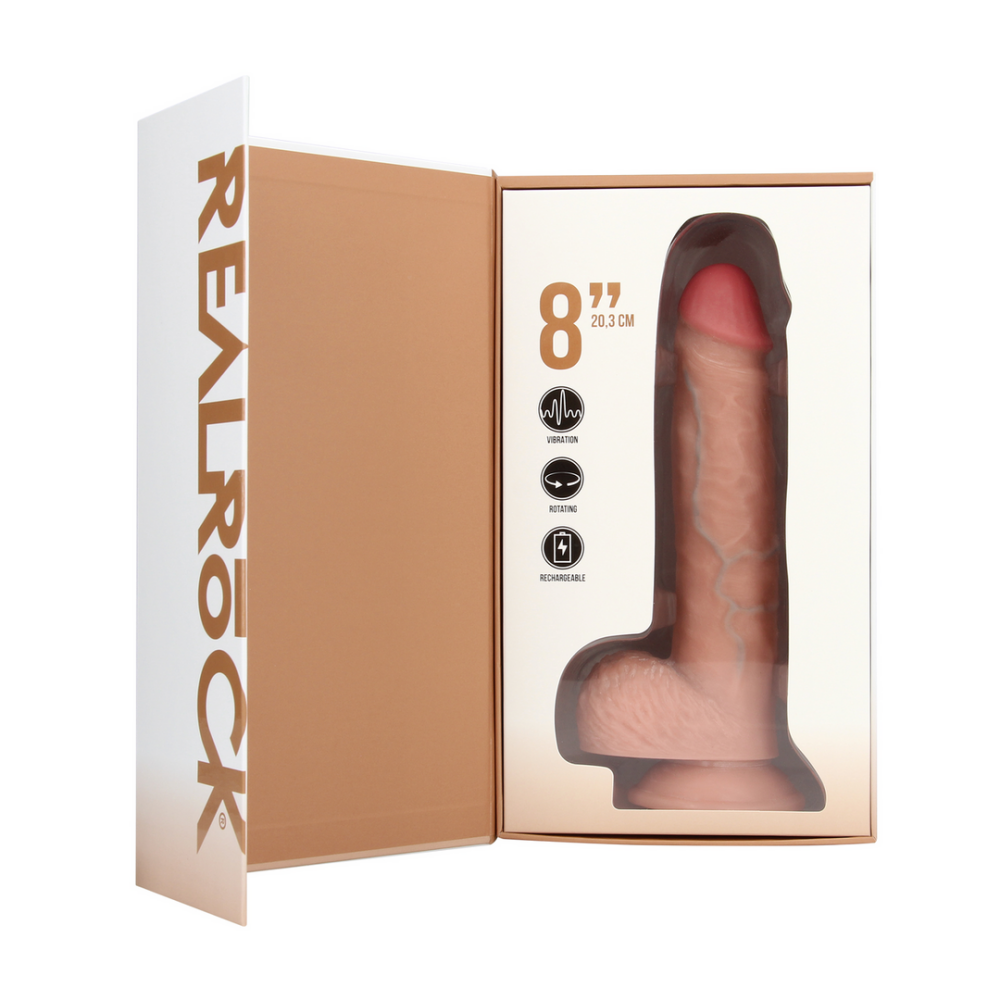 Vibrerende en Draaiende Rechte Cock met Ballen - 8 / 20,5 cm - Vlees