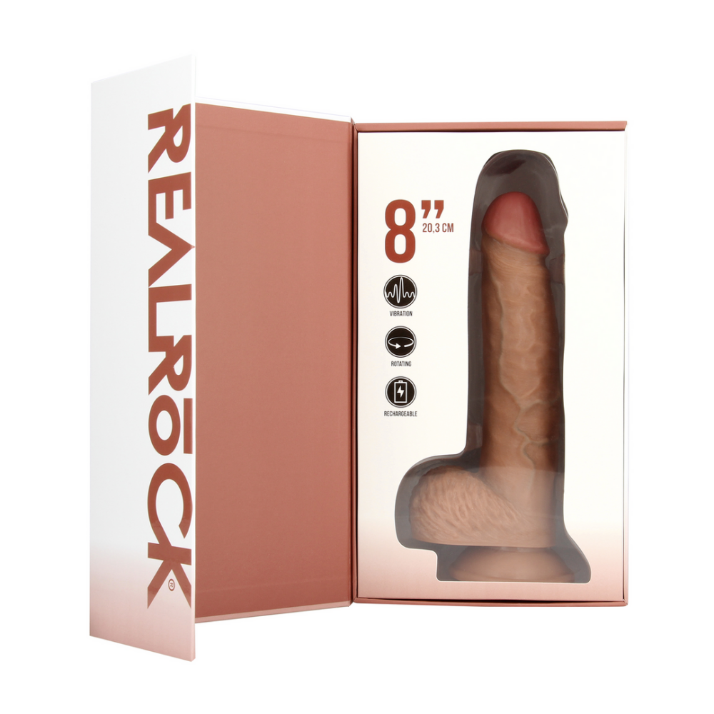 Vibrerende en Draaiende Rechte Cock met Ballen - 8 / 20,5 cm - Tan